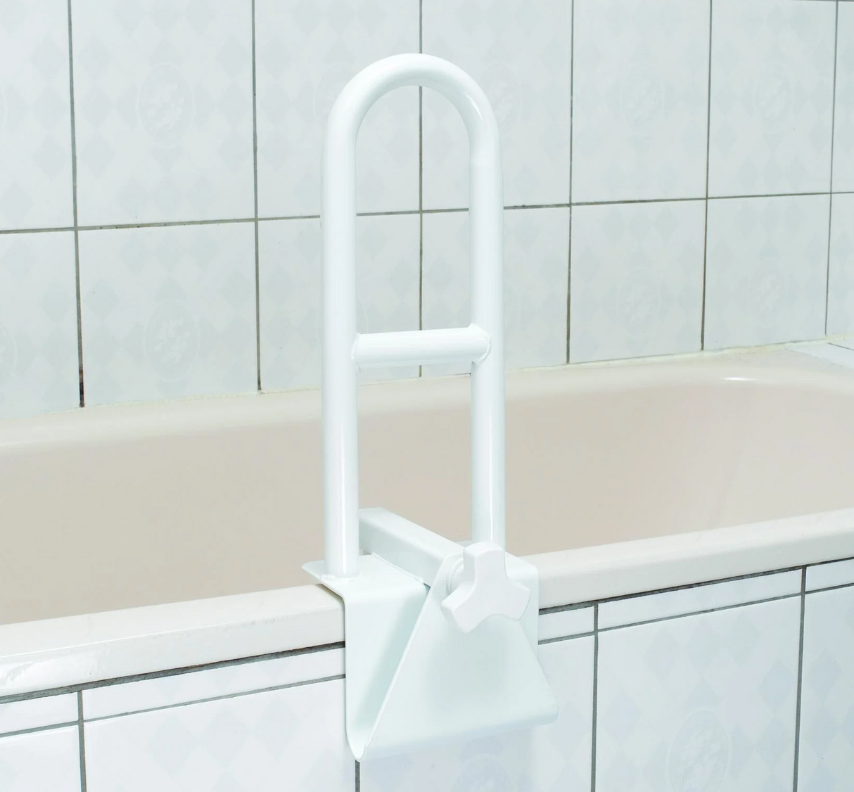 Clamp-On Bath Safety Bar with Horizontal Cross-Bar: Adjustable and Secure Transfer Aid