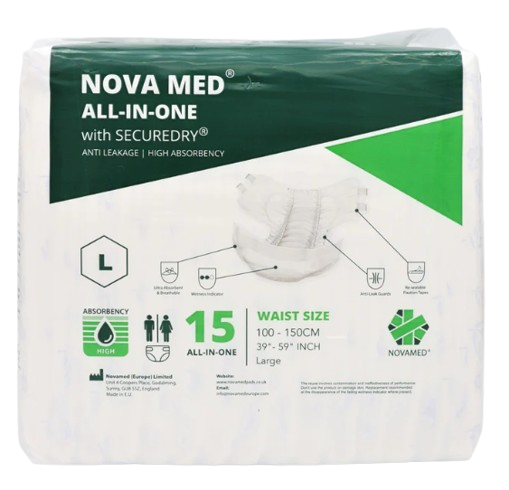 Novamed All in Ones Incontinence Pads, Incontinence Slips, Adult Nappies (15 per bag) - Sizes Medium to Extra Large