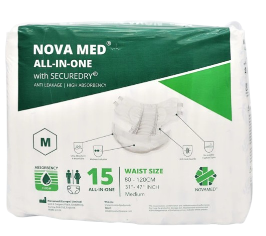 Novamed All in Ones Incontinence Pads, Incontinence Slips, Adult Nappies (15 per bag) - Sizes Medium to Extra Large