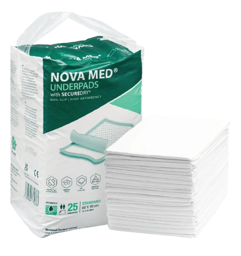 Novamed Incontinence Disposable Bed Pads, Underpads with adhesive tapes - 60x90 cm